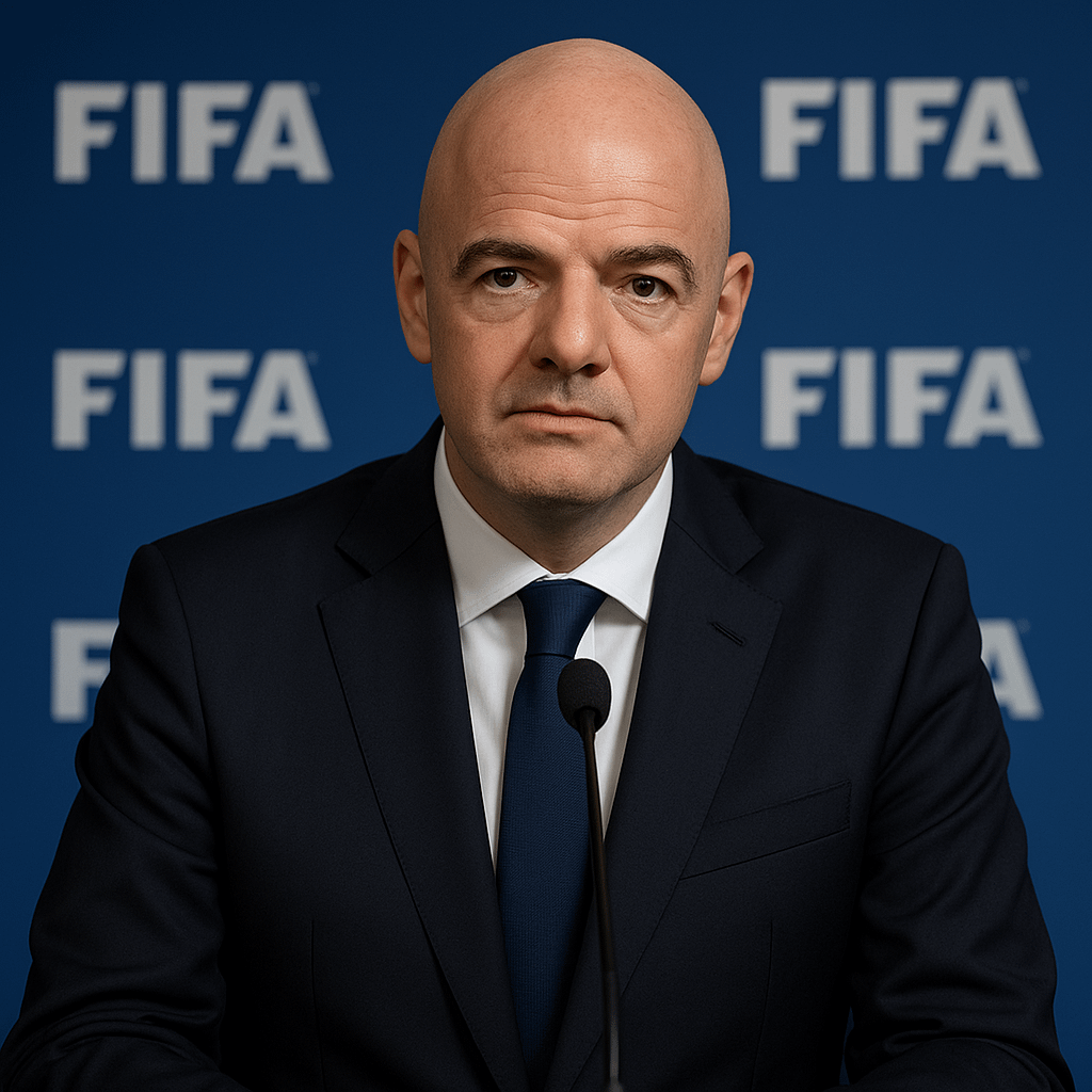 A professional-looking portrait of a hypothetical FIFA president at a press conference, with a FIFA backdrop.