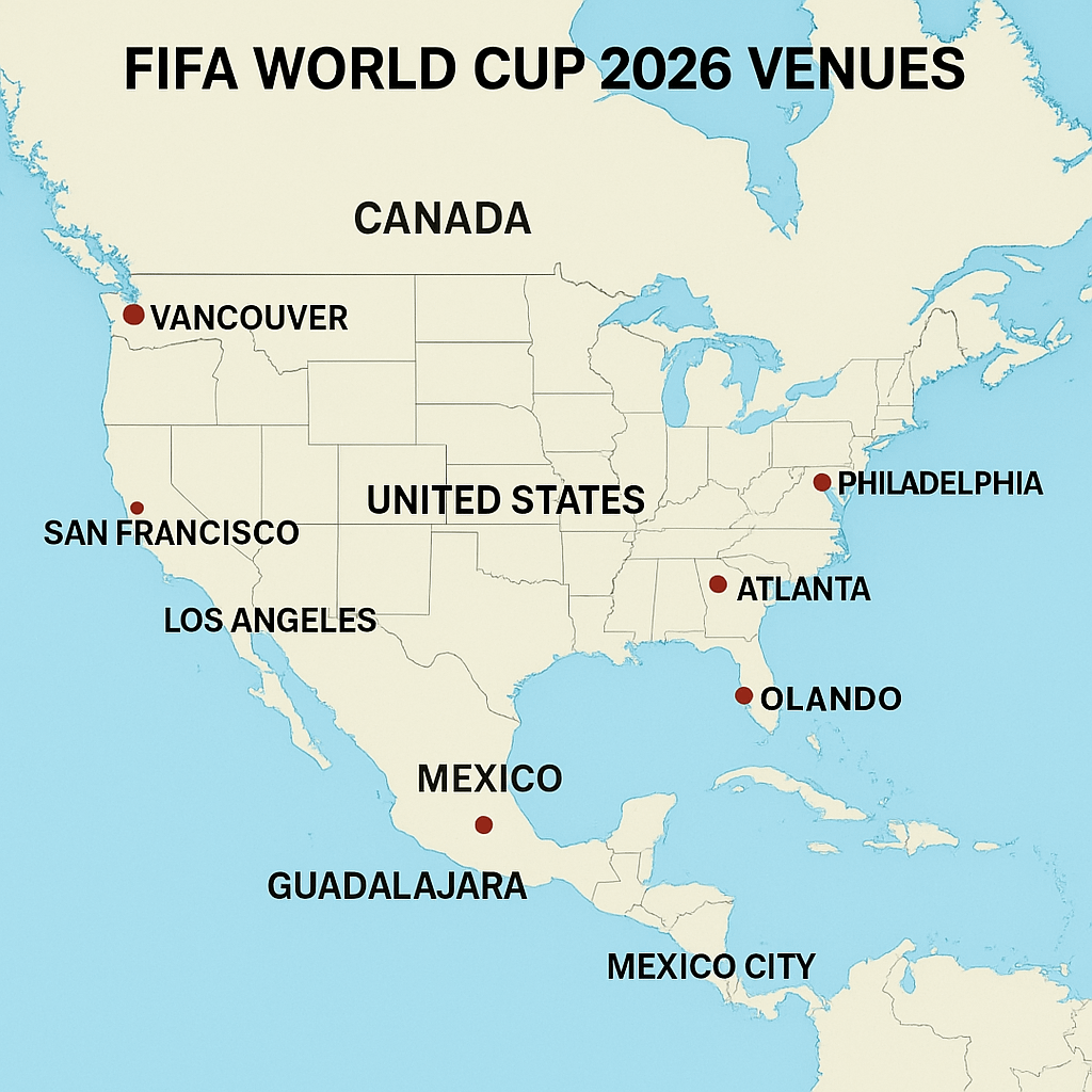 Show a map image highlighting the different venues in Canada, Mexico, and the United States where the FIFA World Cup 202