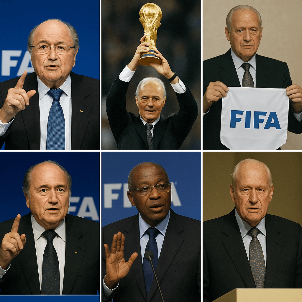 A collage of past FIFA Presidents in office, possibly engaged in notable actions during their tenure.