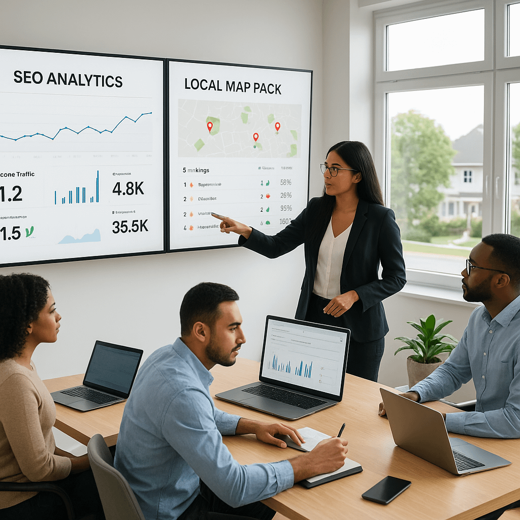 A modern digital marketing office in a suburban Long Island setting, with a diverse team analyzing SEO analytics dashboa
