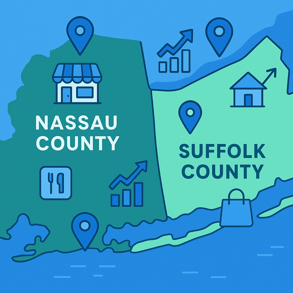 A map-style illustration highlighting Nassau County and Suffolk County, New York, with icons representing local business