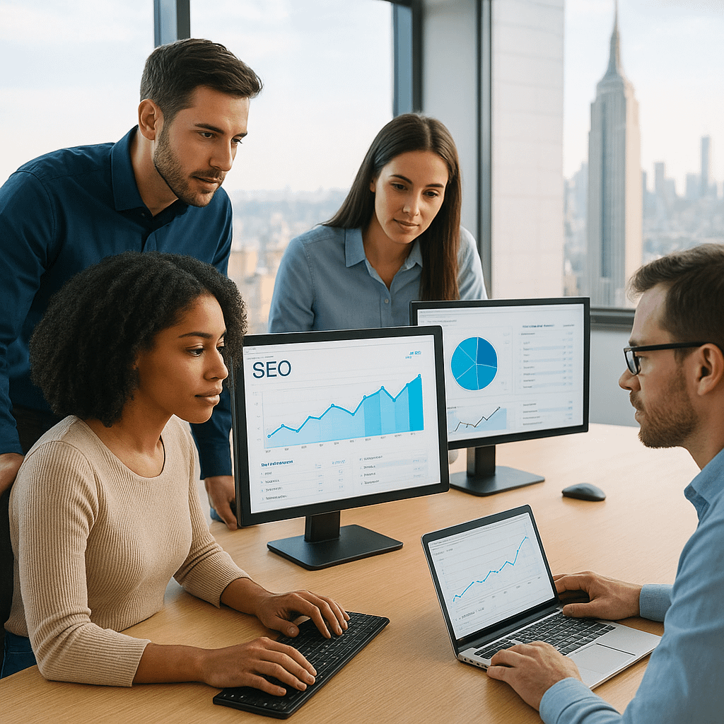 A modern digital marketing team working in a bright New York office with a city skyline visible through large windows, a