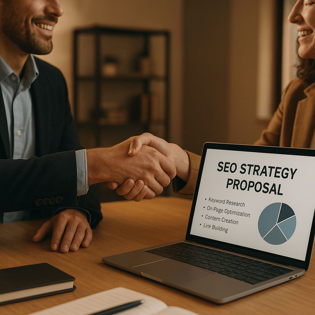 Close-up of a business owner shaking hands with a marketing consultant across a table with a laptop showing an SEO strat